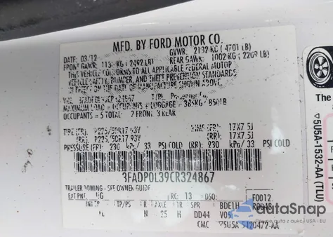 2012 Ford Fusion из США, поврежденный, VIN 3FADP0L39CR324867